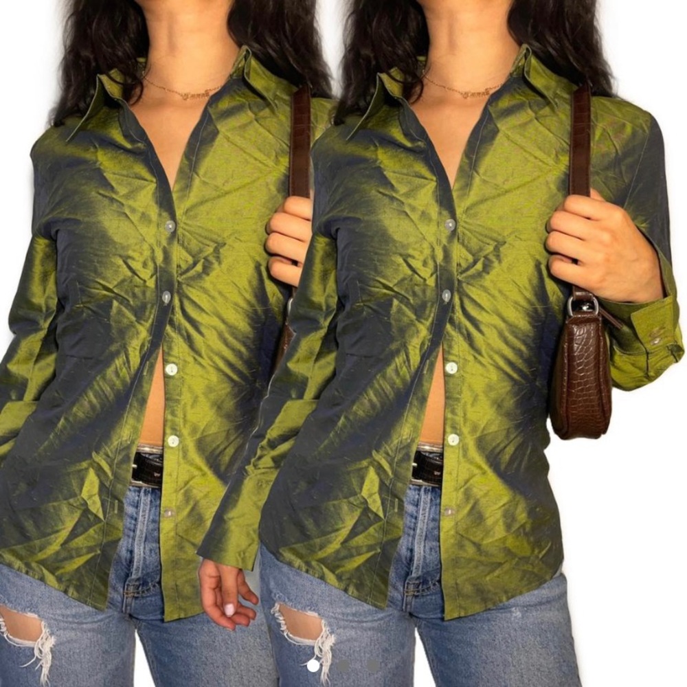 Vintage silk green metallic blouse